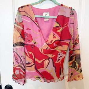 Silk Pink and Red Floral Sheer V-Neck Blouse